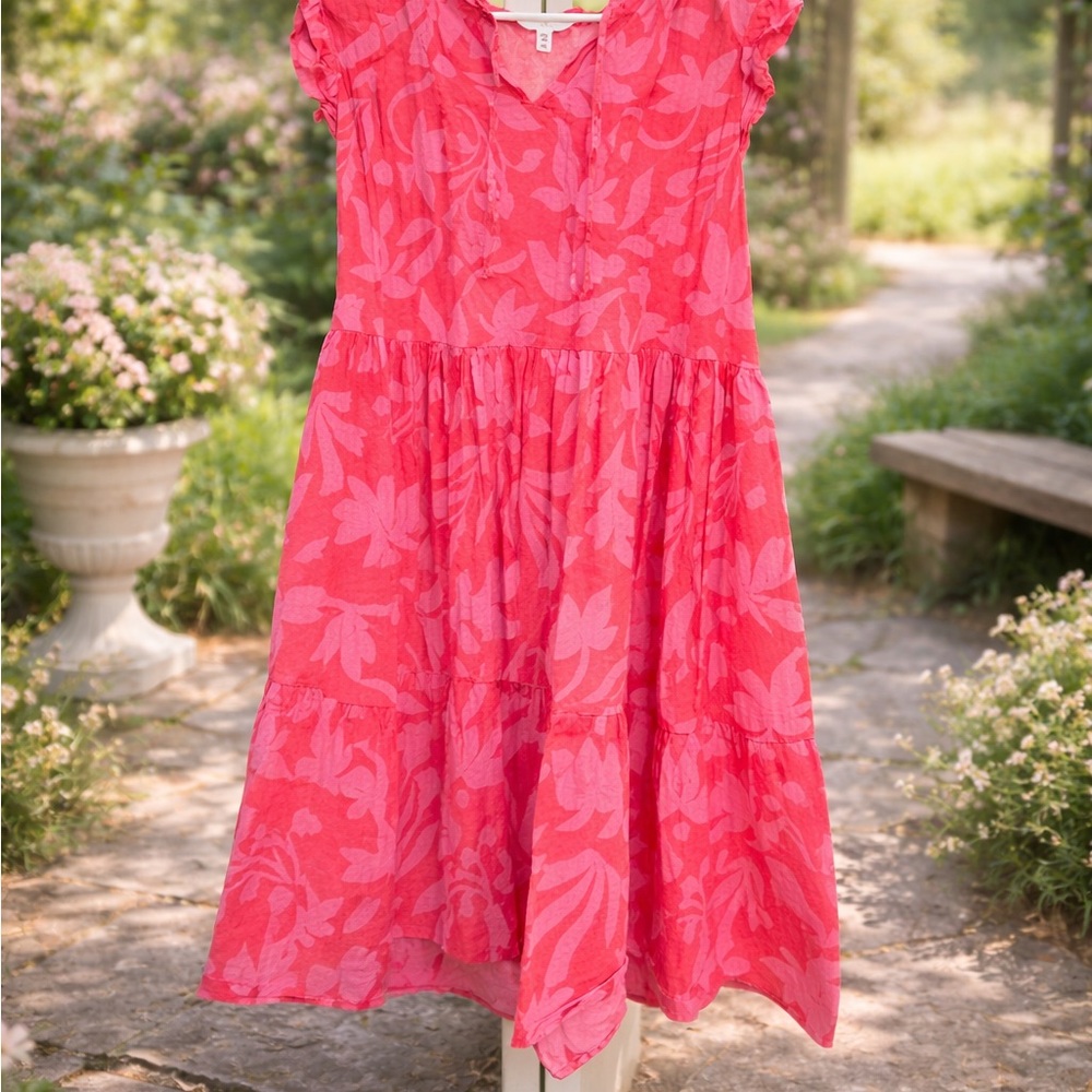 TRU Pink Floral Tiered Dress XXXL (22) Ruffle Sleeve Plus Size Summer